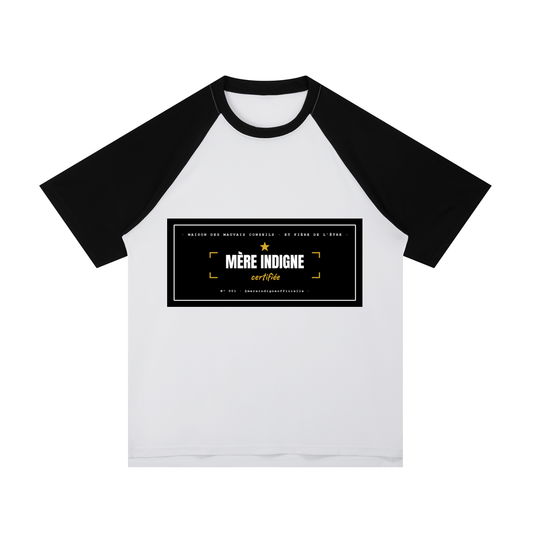 T-shirt Raglan Contrasté - Bandeau Mère Indigne (Blanc/Noir)