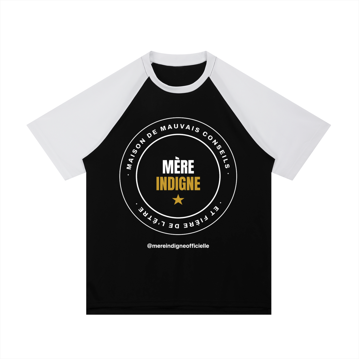 T-shirt Raglan Contrasté - Écusson Mère Indigne (Noir/Blanc)