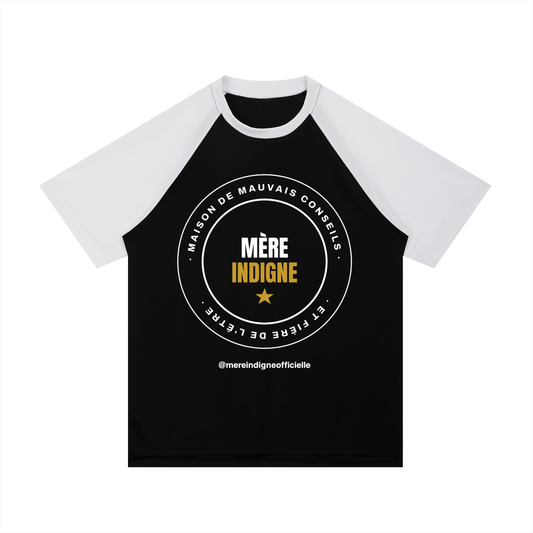 T-shirt Raglan Contrasté - Écusson Mère Indigne (Noir/Blanc)